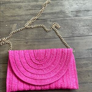Chic Pink Woven Clutch with Gold Chain
